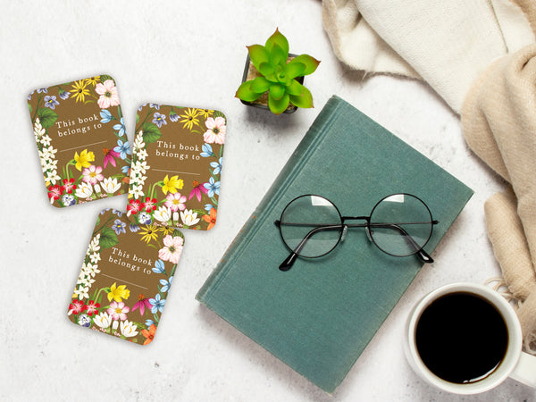 2 Kraft Floral Book Plate Stickers
