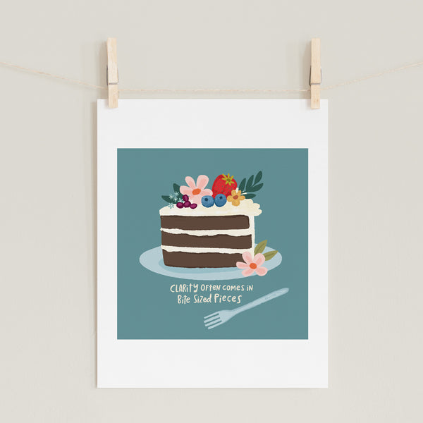 Fine art prints by Eliza Todd featuring a fruited slice of cake saying "Clarity often comes in bite sized pieces." - APeaceofWerk.com