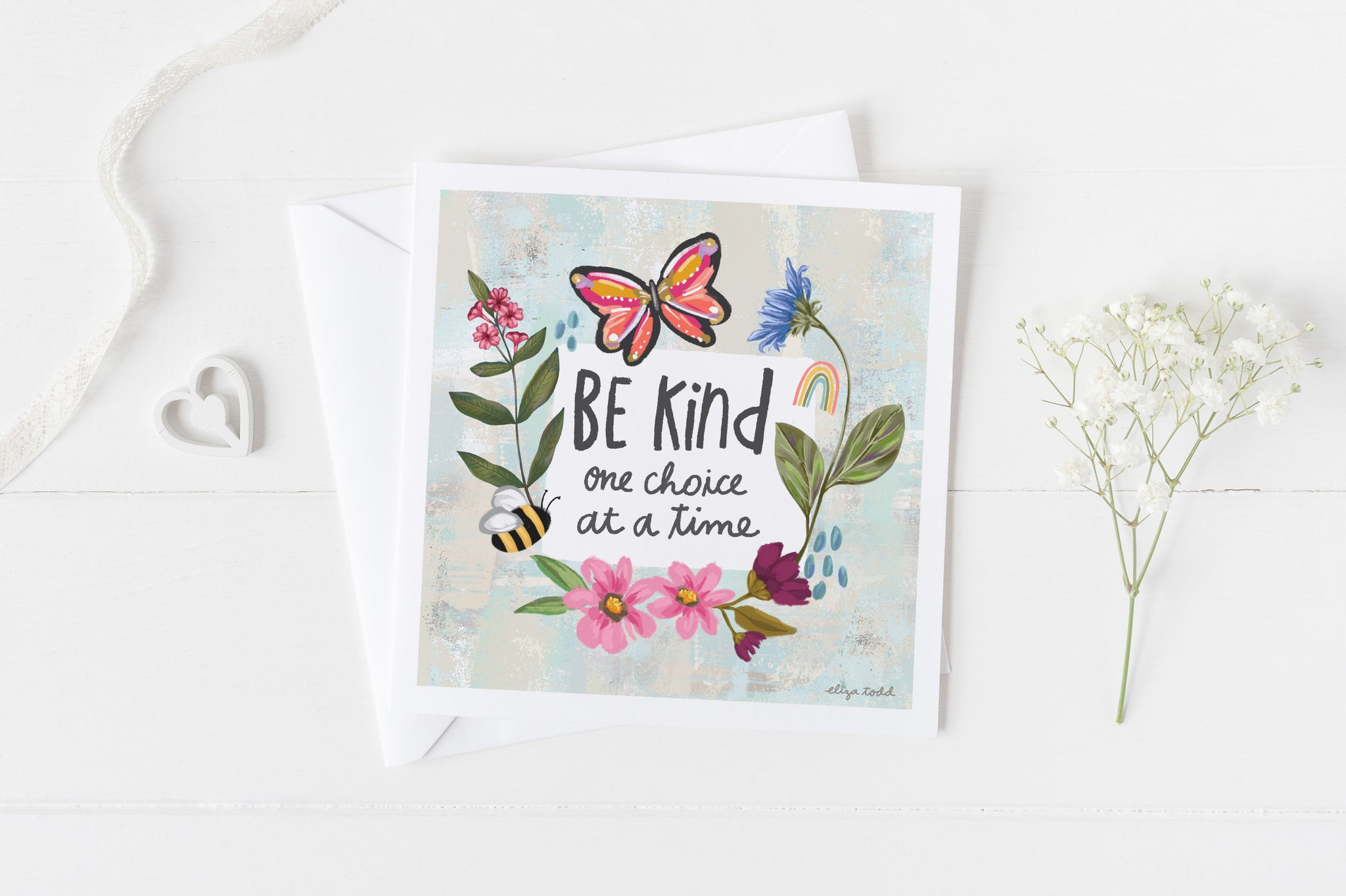 5x5 greeting card by Eliza Todd featuring flowers and cute insects, saying "Be kind one choice at a time." - APeaceofWerk.com