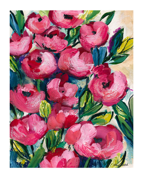 Fine art prints by Eliza Todd featuring roses with strong bright pinks and greens - APeaceofWerk.com